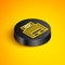 Isometric line Hotel Ukraina building icon isolated on yellow background. Black circle button. Vector