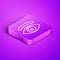 Isometric line Hypnosis icon isolated on purple background. Human eye with spiral hypnotic iris. Purple square button