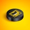 Isometric line Incubator for eggs icon isolated on yellow background. Black circle button. Vector