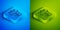 Isometric line Jack in the box toy icon isolated on blue and green background. Jester out of the box. Square button