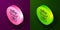 Isometric line Jack in the box toy icon isolated on purple and green background. Jester out of the box. Circle button
