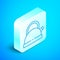 Isometric line Kettle with handle icon isolated on blue background. Teapot icon. Silver square button. Vector
