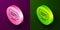 Isometric line KPI - Key performance indicator icon isolated on purple and green background. Circle button. Vector