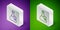 Isometric line Laboratory chemical beaker with toxic liquid icon isolated on purple and green background. Biohazard