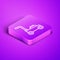 Isometric line Lawn mower icon isolated on purple background. Lawn mower cutting grass. Purple square button. Vector