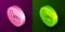 Isometric line Lighter icon isolated on purple and green background. Circle button. Vector