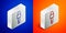 Isometric line Locked key icon isolated on blue and orange background. Silver square button. Vector Illustration