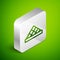Isometric line Louvre glass pyramid icon isolated on green background. Louvre museum. Silver square button. Vector