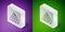 Isometric line Louvre glass pyramid icon isolated on purple and green background. Louvre museum. Silver square button
