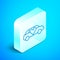 Isometric line Luxury limousine car icon isolated on blue background. For world premiere celebrities and guests poster