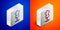 Isometric line Mannequin icon isolated on blue and orange background. Tailor dummy. Silver square button. Vector
