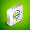 Isometric line Metro or Underground or Subway icon isolated on green background. Silver square button. Vector
