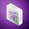 Isometric line Movie clapper with 18 plus content icon isolated on purple background. Age restriction symbol. Adult