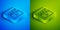 Isometric line Movie clapper icon isolated on blue and green background. Film clapper board. Clapperboard sign. Cinema