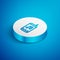 Isometric line Music player icon isolated on blue background. Portable music device. White circle button. Vector