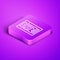 Isometric line News icon isolated on purple background. Newspaper sign. Mass media symbol. Purple square button. Vector