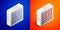 Isometric line Office folders with papers and documents icon isolated on blue and orange background. Office binders