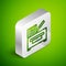 Isometric line Office multifunction printer copy machine icon isolated on green background. Silver square button. Vector