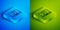 Isometric line Online play video icon isolated on blue and green background. Laptop and film strip with play sign