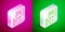 Isometric line Outboard boat motor icon isolated on pink and green background. Boat engine. Silver square button. Vector