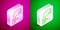 Isometric line Outboard boat motor icon isolated on pink and green background. Boat engine. Silver square button. Vector