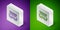 Isometric line Passenger train cars toy icon isolated on purple and green background. Railway carriage. Silver square