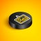 Isometric line Picture icon isolated on yellow background. Black circle button. Vector