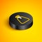 Isometric line Pirate sack icon isolated on yellow background. Black circle button. Vector