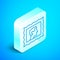 Isometric line Postal stamp icon isolated on blue background. Silver square button. Vector