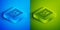 Isometric line Postal stamp icon isolated on blue and green background. Square button. Vector Illustration
