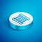 Isometric line Prison window icon isolated on blue background. White circle button. Vector
