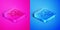 Isometric line Radar icon isolated on pink and blue background. Search system. Satellite sign. Square button. Vector