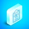 Isometric line Radiation warning document icon isolated on blue background. Text file. Silver square button. Vector
