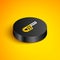 Isometric line Reciprocating saw and saw blade icon isolated on yellow background. Black circle button. Vector