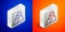 Isometric line Rock stones icon isolated on blue and orange background. Silver square button. Vector