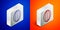 Isometric line Rugby ball icon isolated on blue and orange background. Silver square button. Vector Illustration