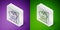 Isometric line Ruined house icon isolated on purple and green background. Broken house. Derelict home. Abandoned home