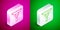 Isometric line Sausage on the fork icon isolated on pink and green background. Grilled sausage and aroma sign. Silver