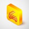 Isometric line Scanner icon isolated on grey background. Scan document, paper copy, print office scanner. Yellow square