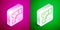 Isometric line Scanner scanning bar code icon isolated on pink and green background. Barcode label sticker