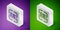 Isometric line Scanner scanning bar code icon isolated on purple and green background. Barcode label sticker