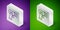 Isometric line Scanner scanning bar code icon isolated on purple and green background. Barcode label sticker