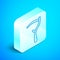 Isometric line Scythe icon isolated on blue background. Happy Halloween party. Silver square button. Vector