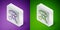 Isometric line Searching for food icon isolated on purple and green background. Homelessness and poverty concept. Silver