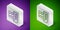 Isometric line Seismograph icon isolated on purple and green background. Earthquake analog seismograph. Silver square
