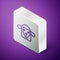 Isometric line Sheep head icon isolated on purple background. Animal symbol. Silver square button. Vector