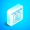 Isometric line Signboard tombstone icon isolated on blue background. Silver square button. Vector
