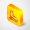 Isometric line Skates icon isolated on grey background. Ice skate shoes icon. Sport boots with blades. Yellow square