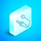 Isometric line Soldering iron icon isolated on blue background. Silver square button. Vector