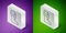 Isometric line Sport boxing shoes icon isolated on purple and green background. Wrestling shoes. Silver square button